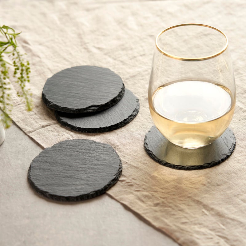 Twine Circle Slate Coasters, Modern Round Coasters, Slate with Velvet Backing, Protect Tables and Surfaces, Black, Set of 4 - Image 5